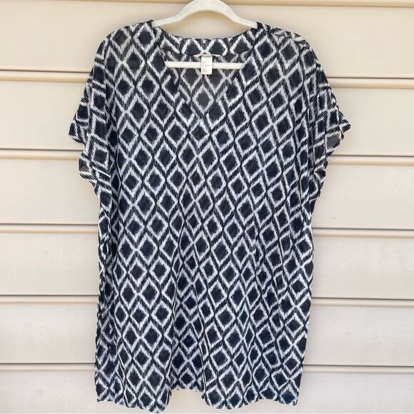 H&M Women's Top Black & White Geometric Print V-Neck Blouse Size L - Picture 7 of 7